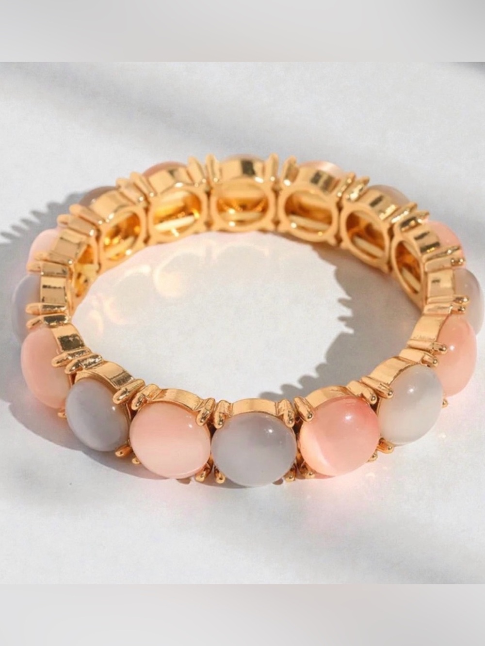 Beaded Stretch Bracelet - pink and grey with Gold Tone